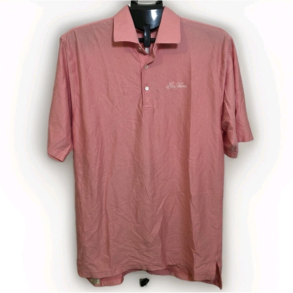 Peter Millar Vintage Salmon White Stripe Golf Polo Shirt Cotton Mens Size Large